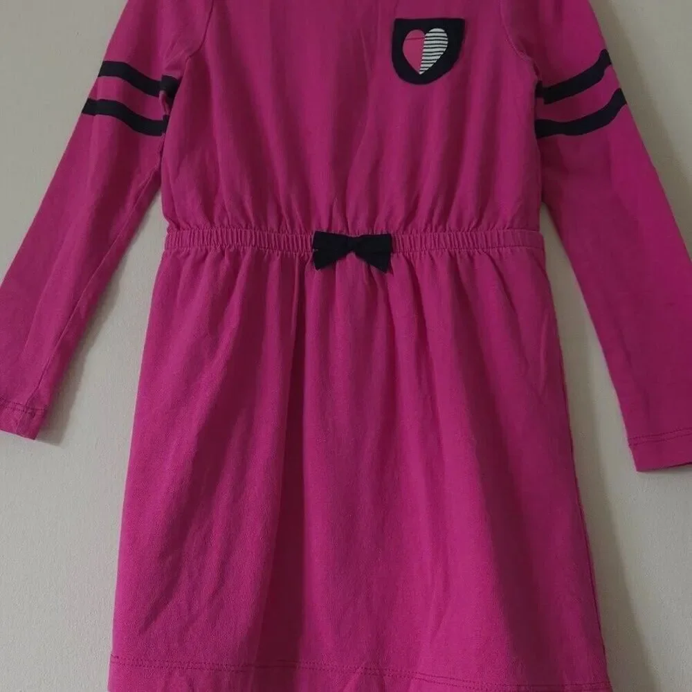 Gymboree Girls Long Sleeve Dress Round Neck Casual Fuchsia Heart Detail Size 5